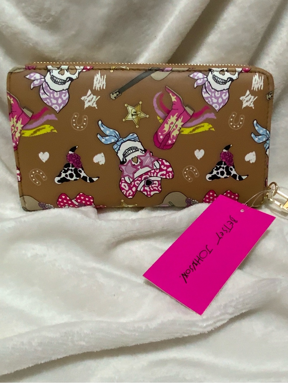 Betsey Johnson Tan Wallet with Pink, Yellow and Blue Western Skull Print - Picture 2 of 4